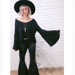 Cropped Black Free People Flared Sleeve Sweater